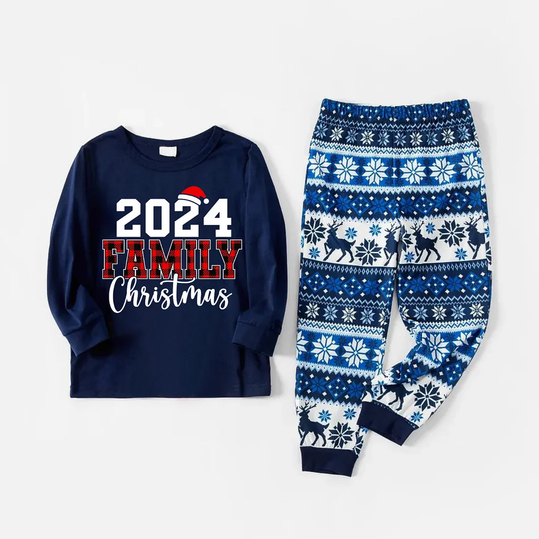 2024 Family Christmas Text Print Blue Family Christmas Matching Pajamas