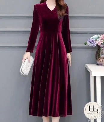 Solid 3/4 Sleeve Vintage Women Velvet Maxi Dresses