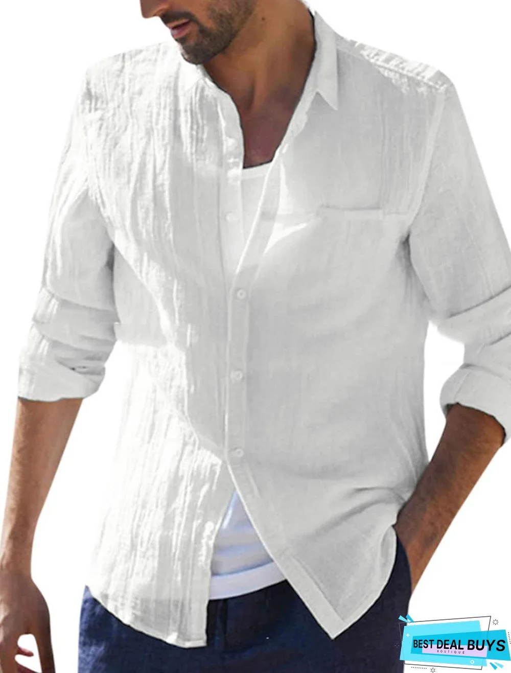 Men's Shirt Solid Color Button-Down Long Sleeve Casual Tops Lightweight Casual Fashion Breathable White Black Blue Linen