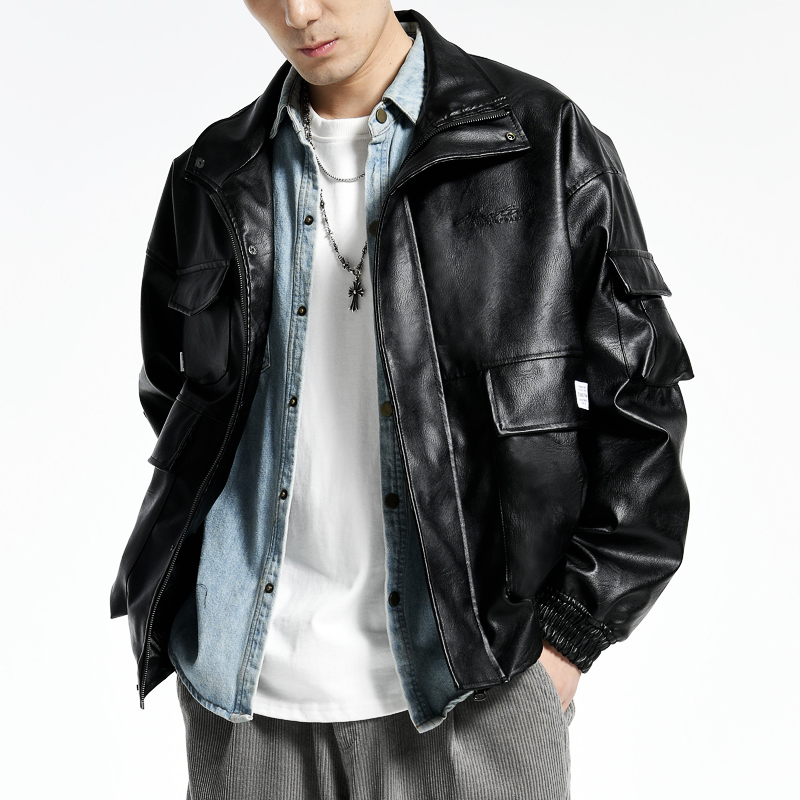 2024 Mens Loose Style Jacket Motorcycle Biker Faux Pu Leather Jacket Men Fashion Leather Coats Male Hot Sale Clothings W130