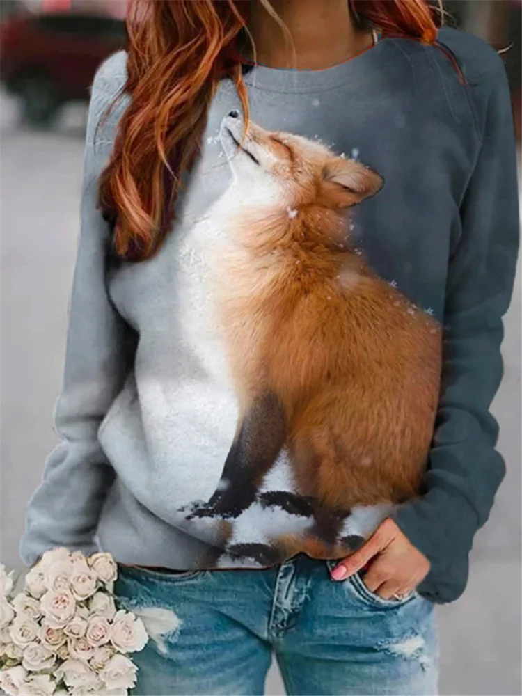 🔥kukelife🔥Fox In The Snow Print Sweatshirt