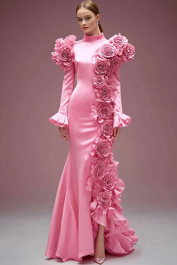 Mock Neck Ruffle Sleeve 3D Floral Maxi Dress-Hot Pink [Custom-Made]