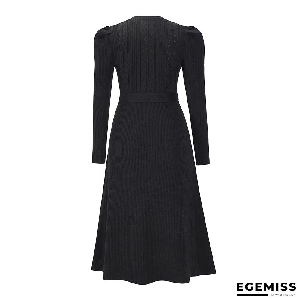 Bubble Long Sleeve Knitted Skirt Medium Long Wool Dress Black Dresses | EGEMISS