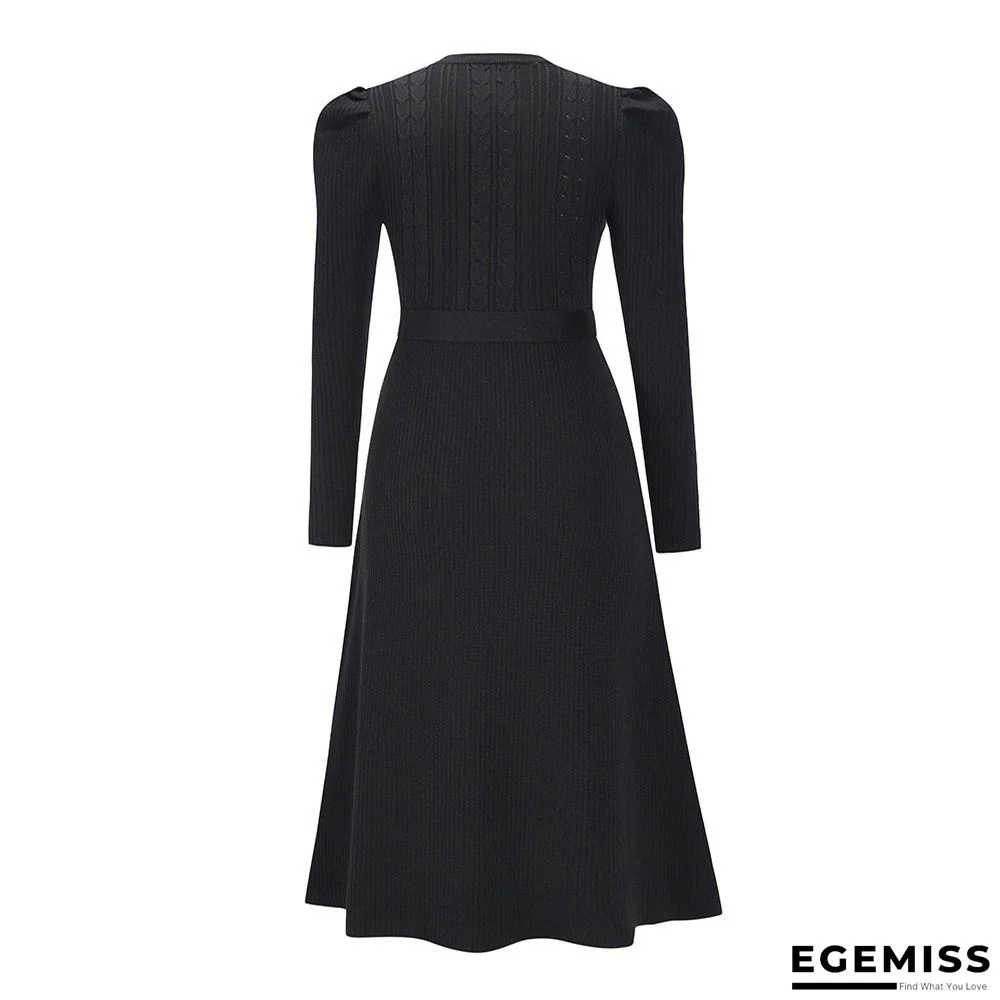 Bubble Long Sleeve Knitted Skirt Medium Long Wool Dress Black Dresses | EGEMISS