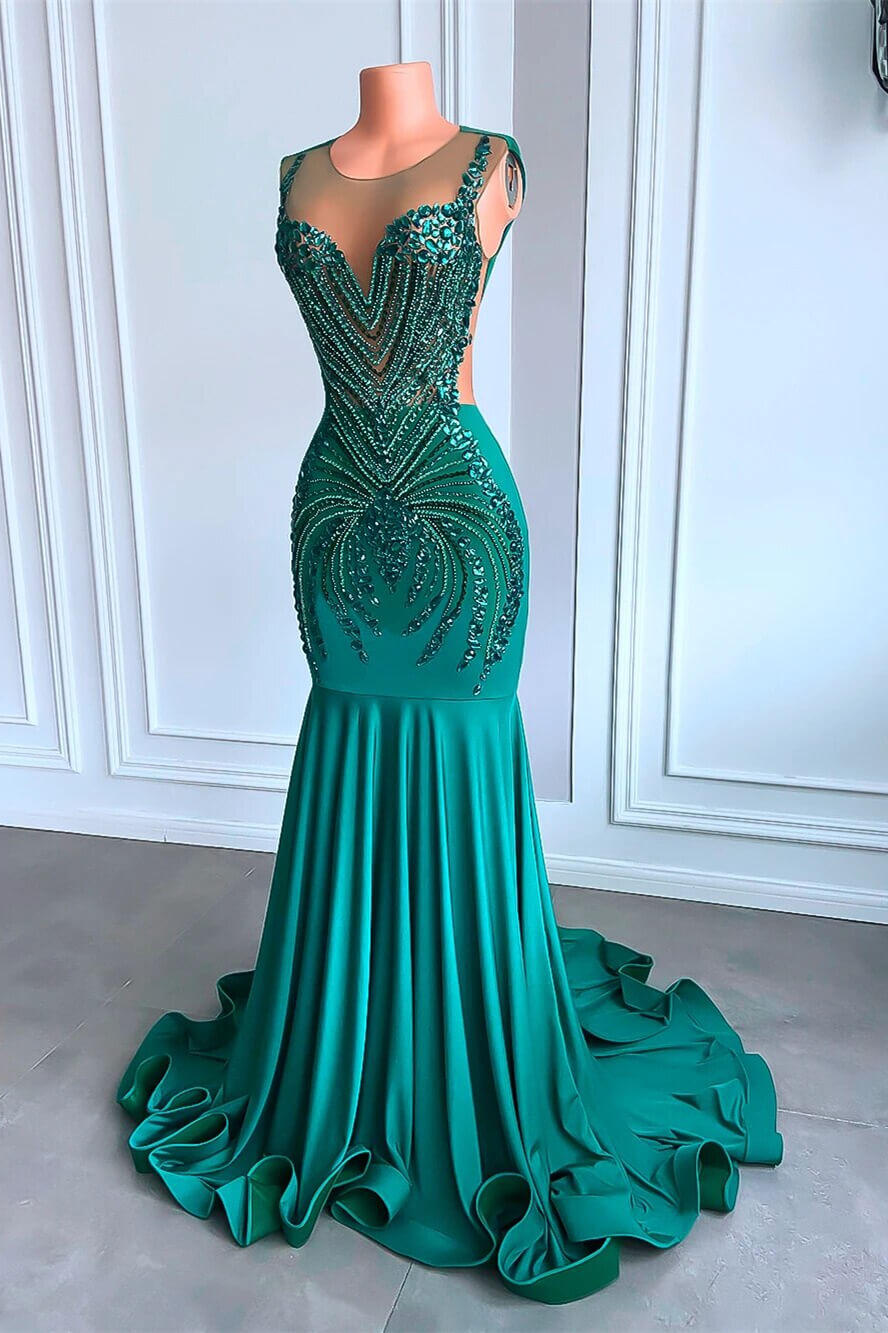 Luluslly Emerald Green Sleeveless Mermaid Prom Dresses With Beadings Crystals
