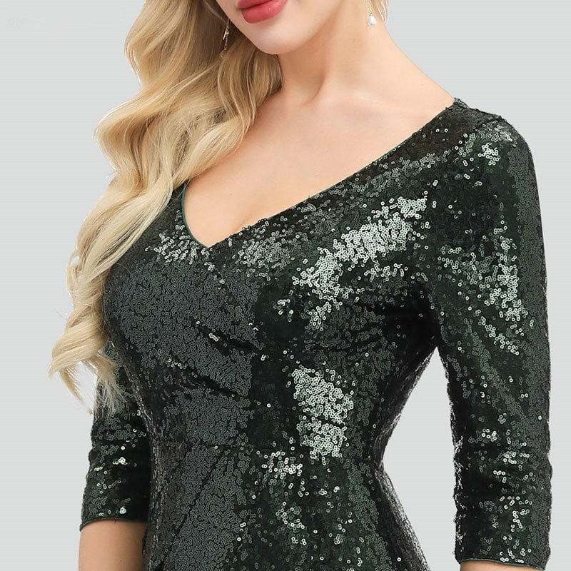 Gorgeous Green Half Sleeve Prom Dress Sequins Mermaid V-Neck Evening Gowns