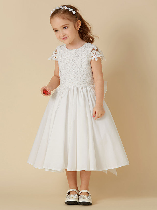 Oknass A-Line Short Sleeve Scoop Neck Flower Girl Dress Lace  Cotton With Bow