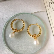 Gold Color Round Circle Twisted Hoop Earrings for Women  Fashion Pearl Pendant Dangle Earrings Temperament Jewelry Gift