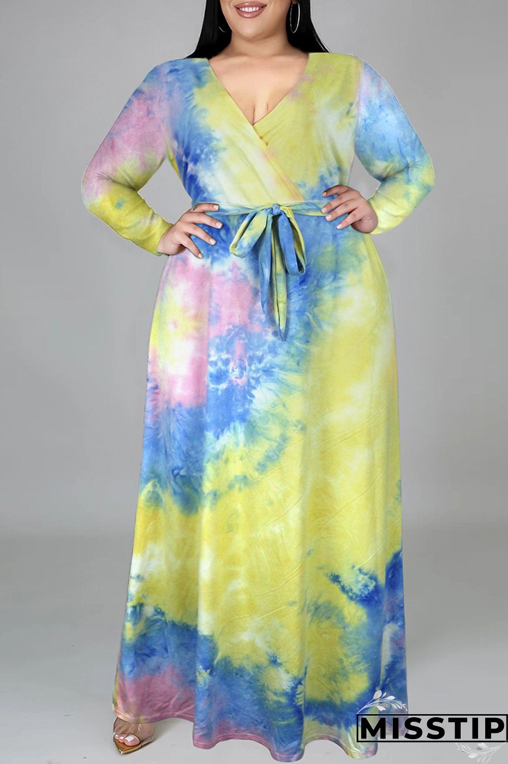 Cyan Fashion Casual Tie Dye Printing V Neck Long Sleeve Plus Size Dresses