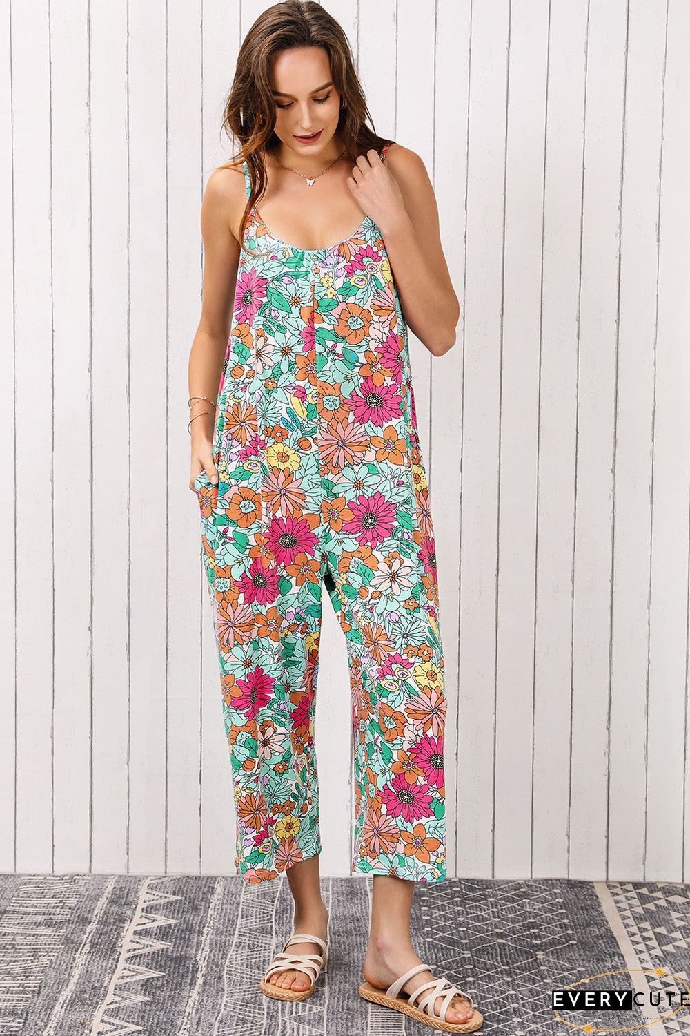Print Spaghetti Strap Wide Leg Jumpsuit