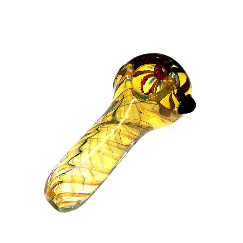Fumed Yellow Spoon Spiral Stripes W/ Red Flower Bowl and Blue Marbles