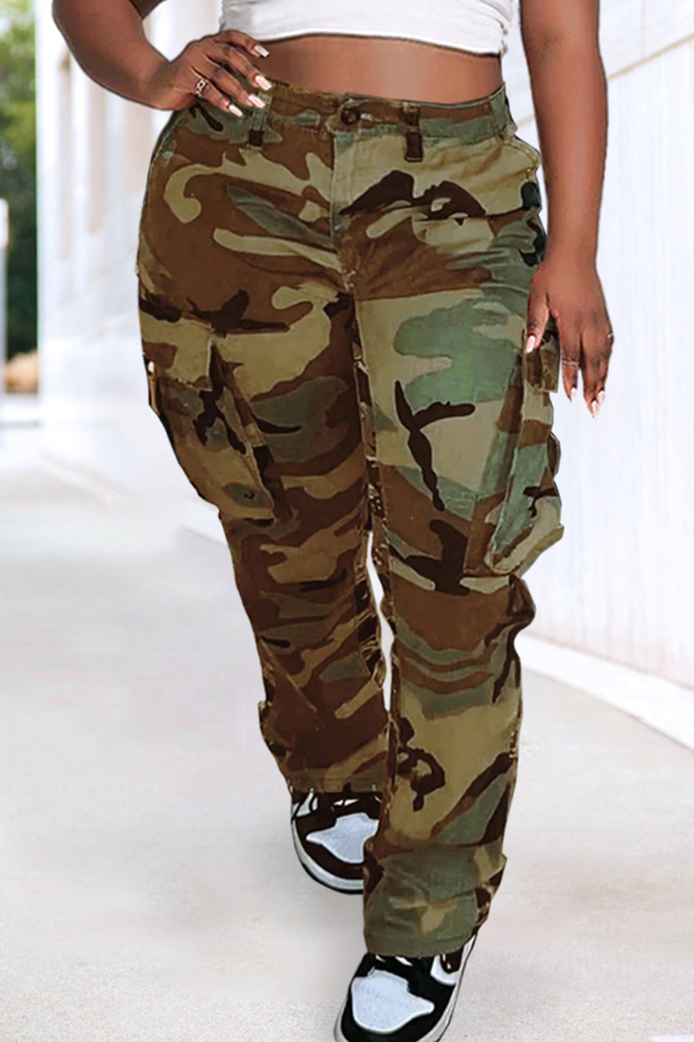 Design Plus Size Casual Pants Camouflage Pockets Design High Waist Cargo Pants
