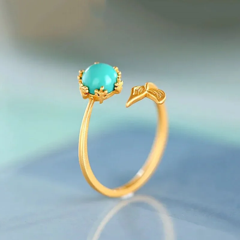  S925 Sterling Silver "Together Forever" Lucky Fish Tail Ring – Vintage Courtly Style with Sleeping Beauty Turquoise Inlay, Adjustable Open Design