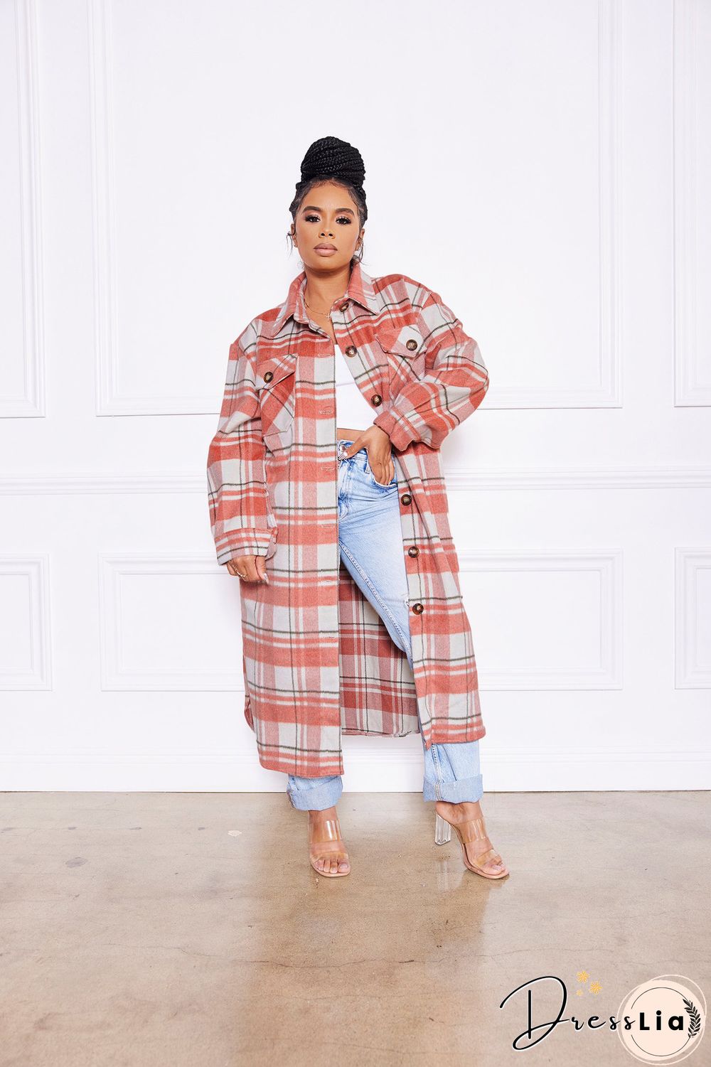 Classic Check Single-breasted Long Woolen Coat