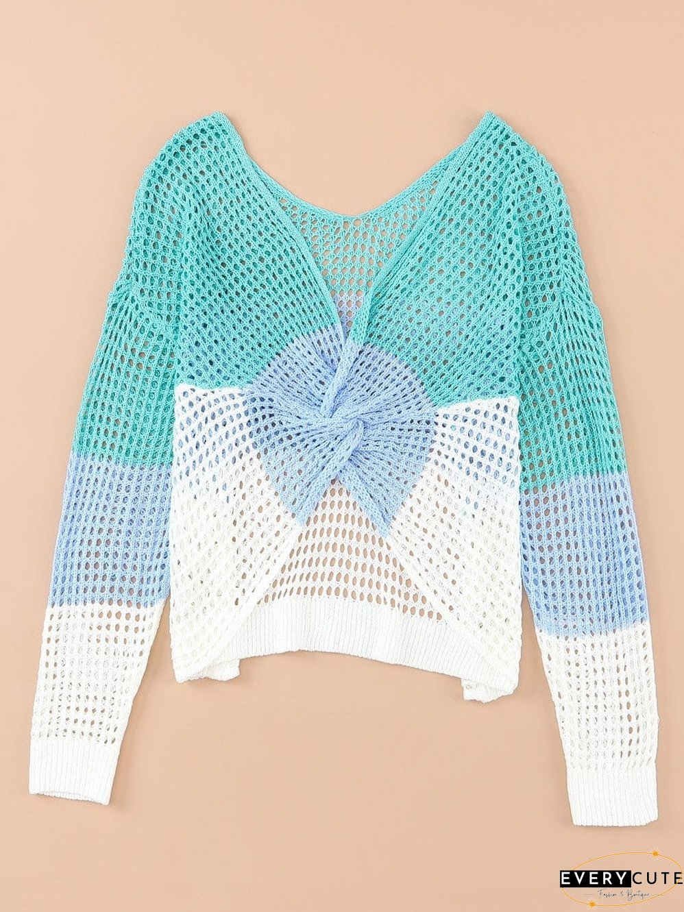 Colorful Eyelet Twist Back Knit Top with Long Sleeves