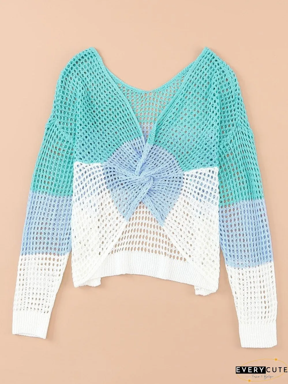 Colorful Eyelet Twist Back Knit Top with Long Sleeves