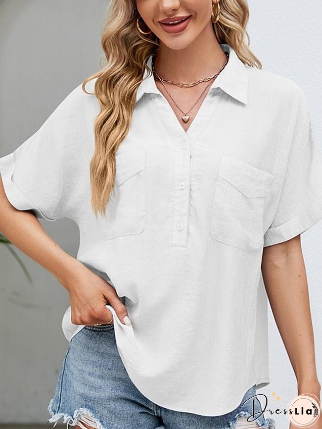 Blouse Pocket Loose Solid / Plain Color Basic Shirt Collar Roll Sleeves Summer Black White Pink Sky Blue for Women