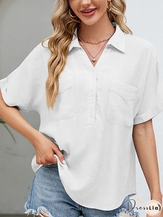 Blouse Pocket Loose Solid / Plain Color Basic Shirt Collar Roll Sleeves Summer Black White Pink Sky Blue for Women