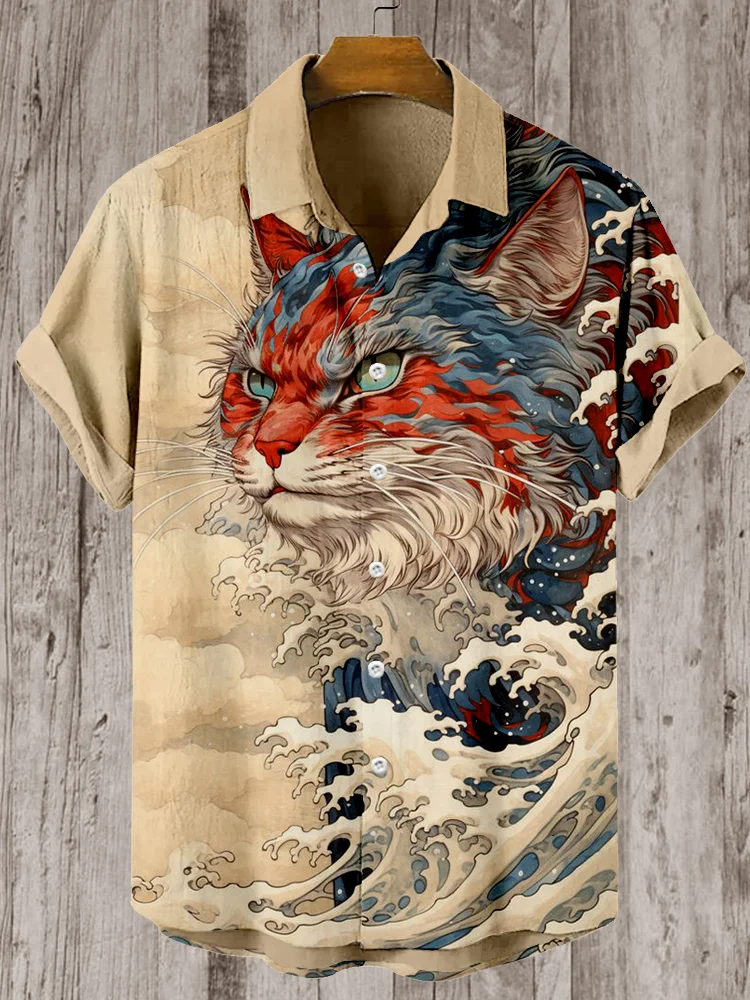 Japanese Great Wave Inspired Mysterious Cat Cozy Linen Blend Shirt