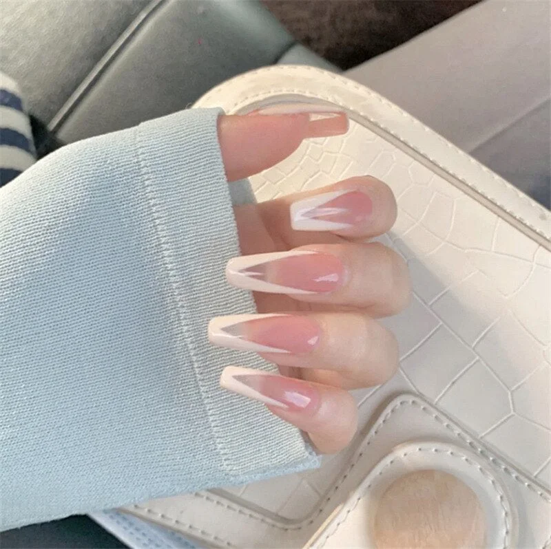 24pcs/Set Long Coffin Fake Nails Pearl Heart Pattern White French False Nails Acrylic Bride Ballerina Nail Decoration Art Tips-Nail Inspo