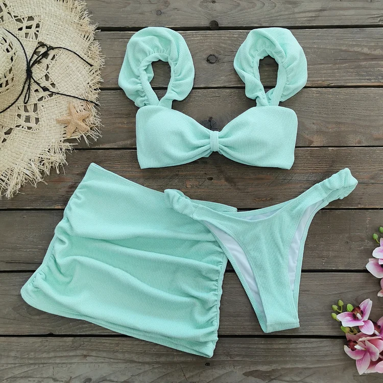 Frilled Solid Color Bikini Swimsuit and Skirt