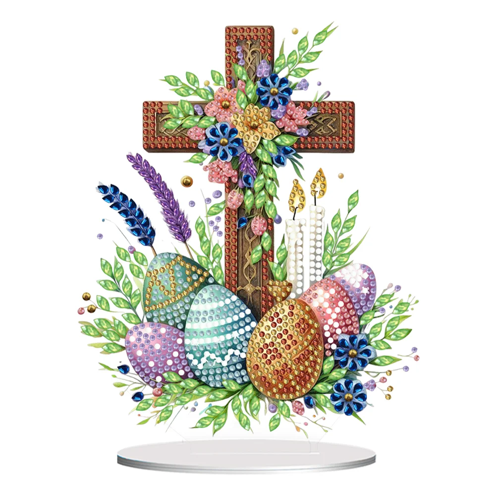 DIY Cross Easter Egg Single-Sided Acrylic Diamond Painting Tabletop Ornament for Home Office Desktop Decor