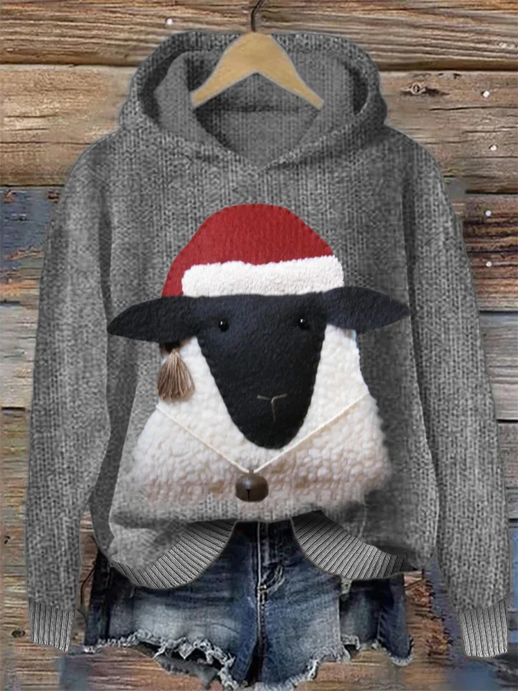 Christmas Sheep Fleece Leather Art Knit Hoodie