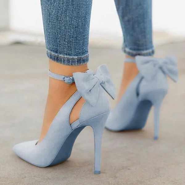 Custom Made Blue Suede Back Bow Ankle Strap Pumps |FSJ Shoes