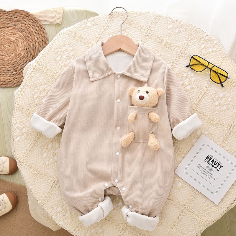 Baby Bear Doll Decor Solid Color Corduroy Romper