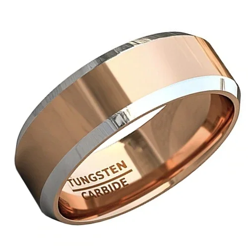 6MM 8MM Women's Or Men's Tungsten Carbide Wedding Rings Rose Gold with Two Tone Silver Side Stripes High Polish Comfort Fit