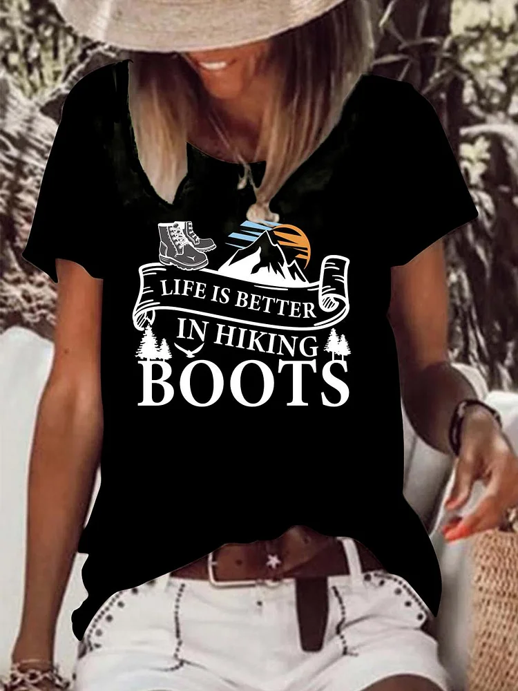 Life Is Better In Hiking Boots Hiking Raw Hem Tee-Annaletters