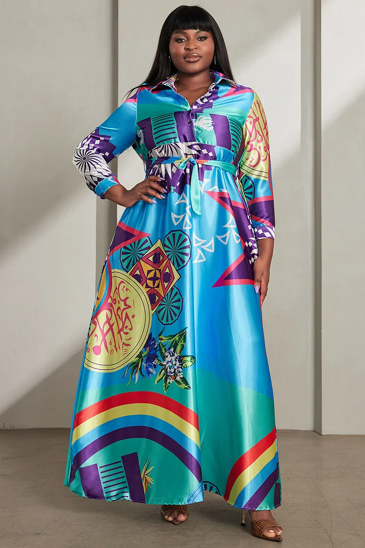 Xpluswear Design Plus Size Semi Formal Maxi Dresses Elegant Blue All Over Print Fall Winter Shirt Collar Long Sleeve Rainbow Satin Maxi Dresses With Pocket [Pre-Order]