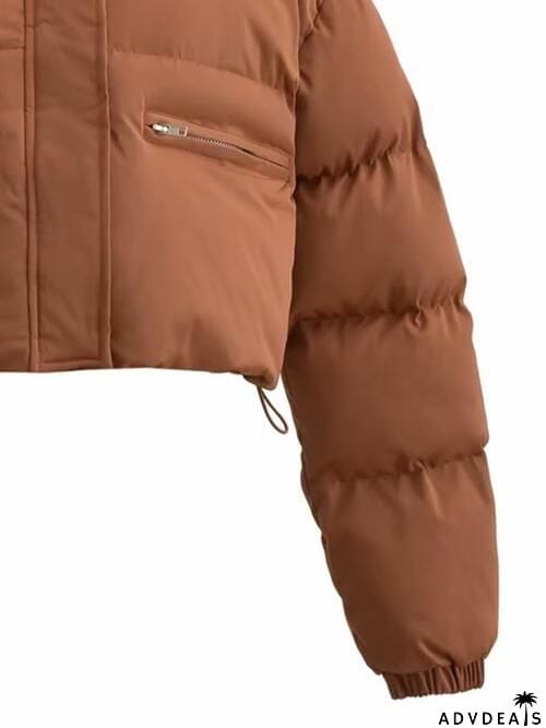 Snap and Zip Closure Drawstring Cropped Winter Coat