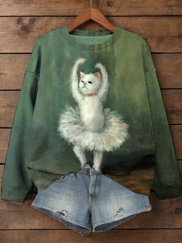 Women's Cat Ballet Dancer Print Cozy Sweatshirt