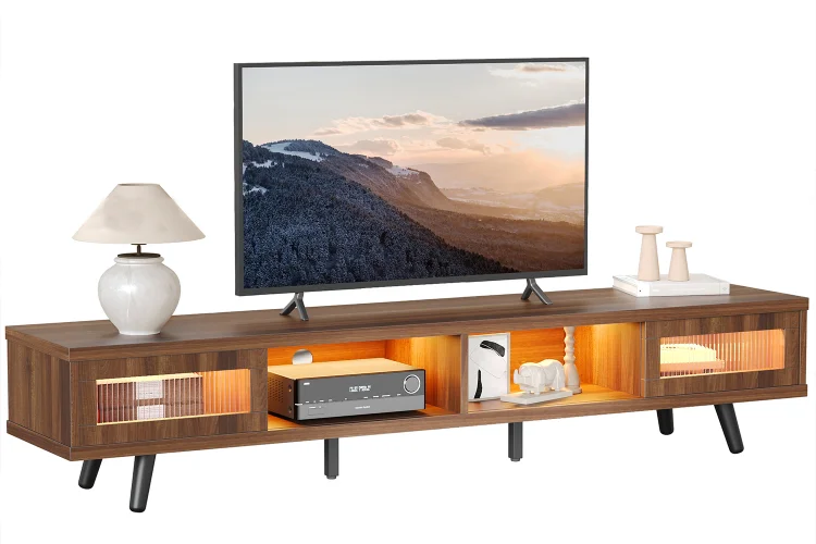 Bestier 70" LED TV Stand for TVs up to 75" TV, Mid-Century Modern Entertainment Center with Sliding Glass Door, Media TV Console Table