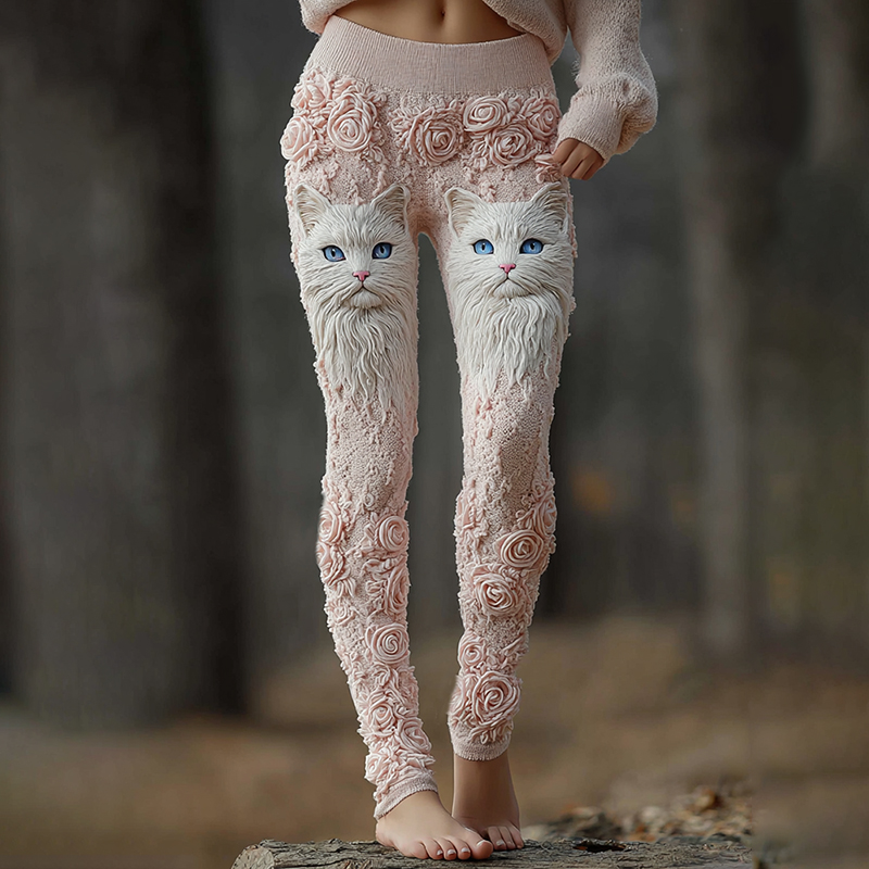 Vintage Cute Cat Face With Roses Art Embroidered Cozy Knit Leggings