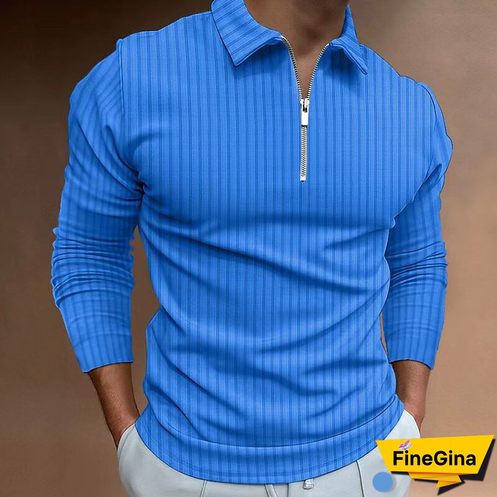 Brown Men's Waffle Solid Color Collar Patchwork Long Sleeve Zipper Shirt