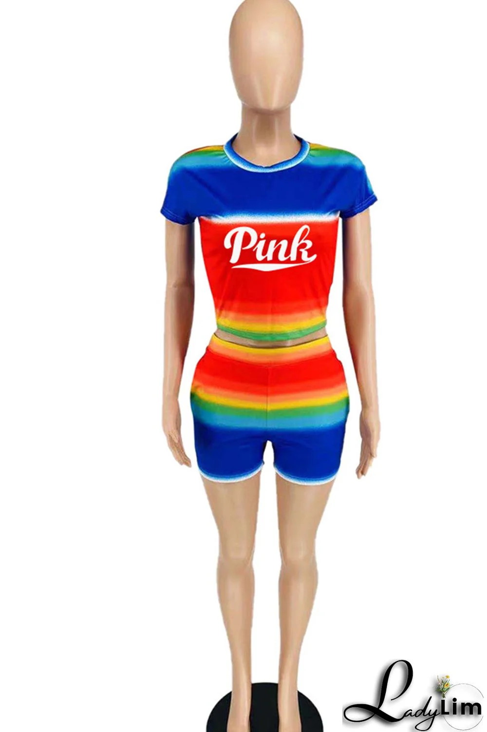 Rainbow Color Casual Print Patchwork O Neck Short Sleeve Two Pieces