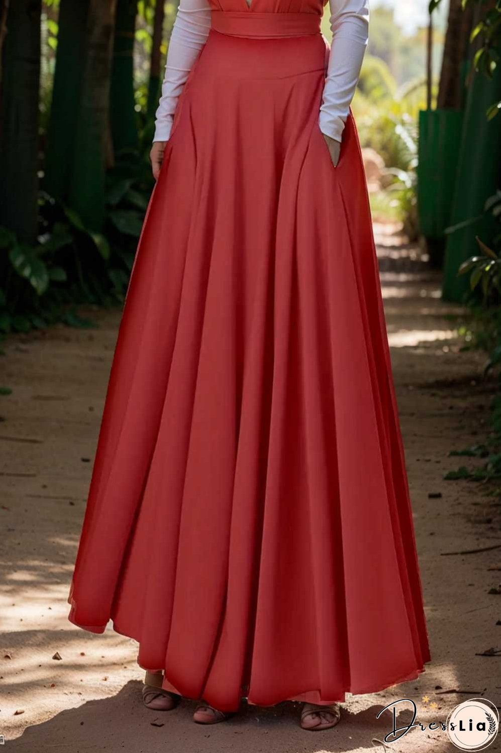 casual pleated pockets high waist loose maxi dress