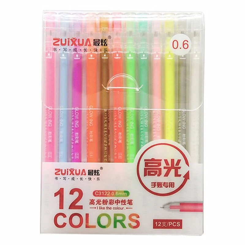 12Pcs/box 0.6mm Color White Gel Pen set Highlight Liner Sketch Markers Pens for Kids Writing Art Manga Painting School Supplies
