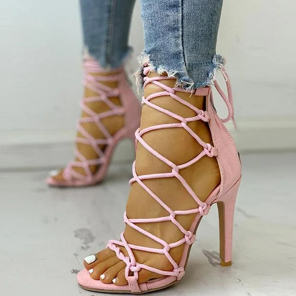 Solid Color Chic Lace-Up Knotted Stiletto Sandals
