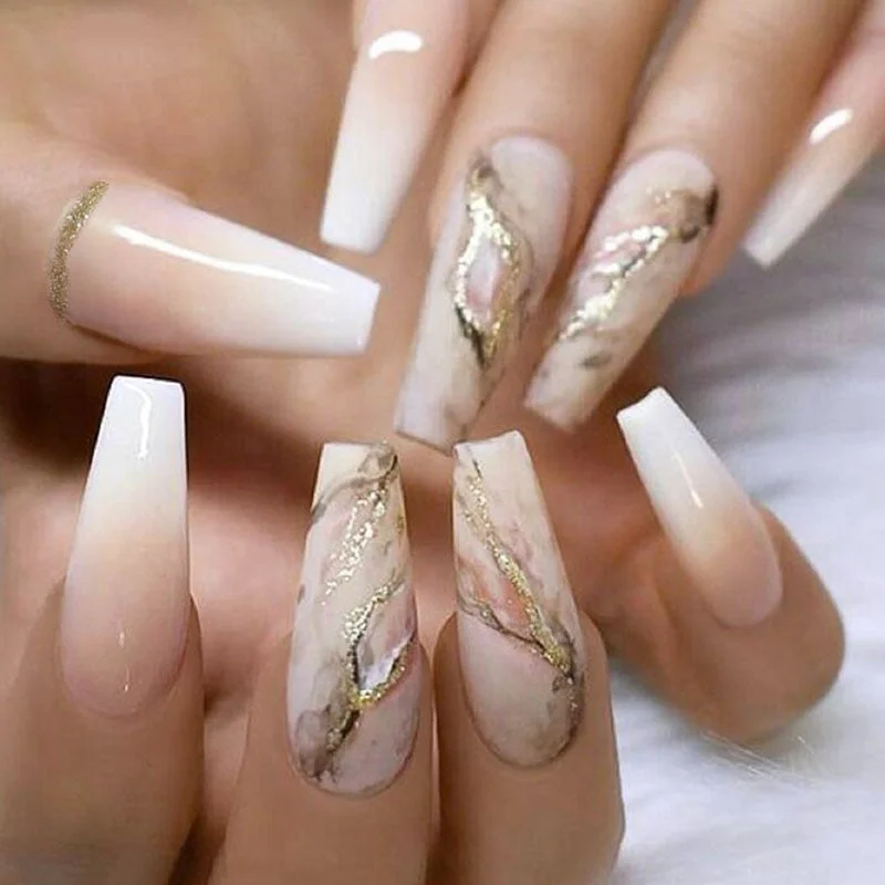24pcs/Set Coffin Fake Nails Long Nude Gradient Marble Foils Decal Acrylic Ballerina Nail Accessories Art Tips Press On Nails
