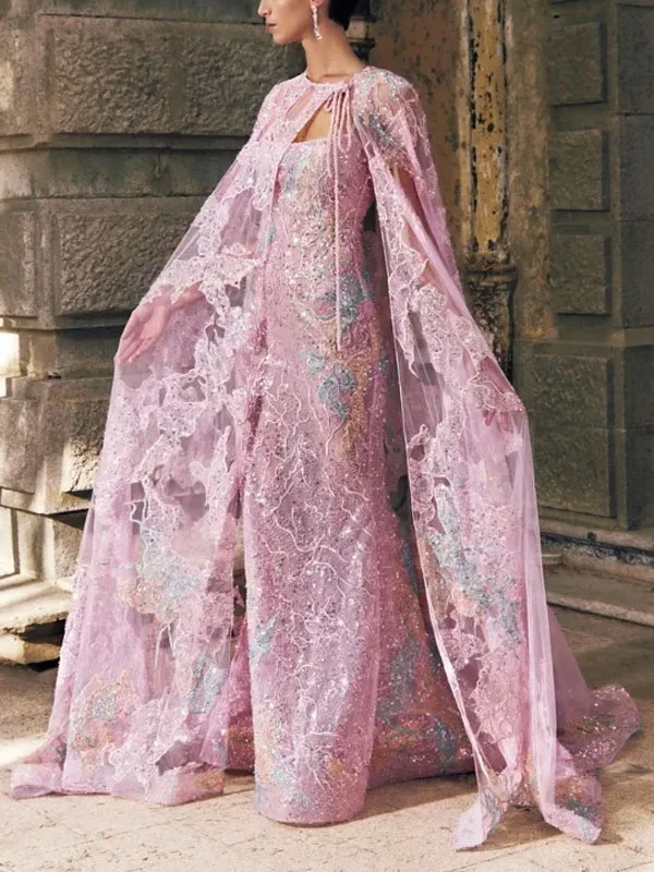 embroidered tulle mermaid silhouette detachable cape women's dress