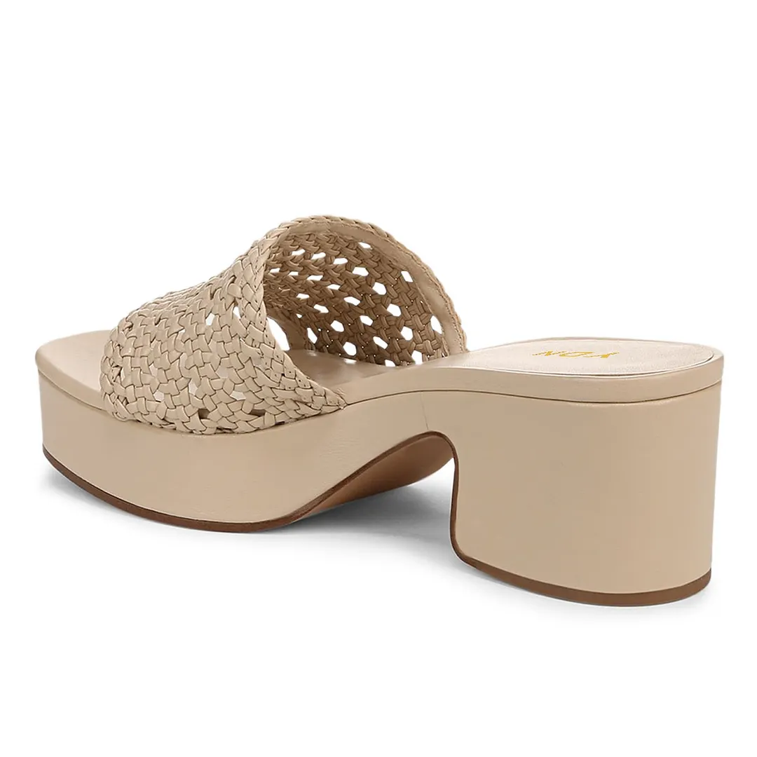 Chic Beige Open Round Toe Woven Detail Platform Mules Sandals
