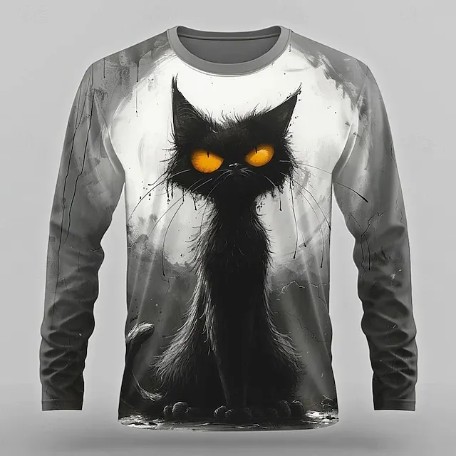 Men's Halloween Cat Funny  3d Print Crew Neck T-shirt