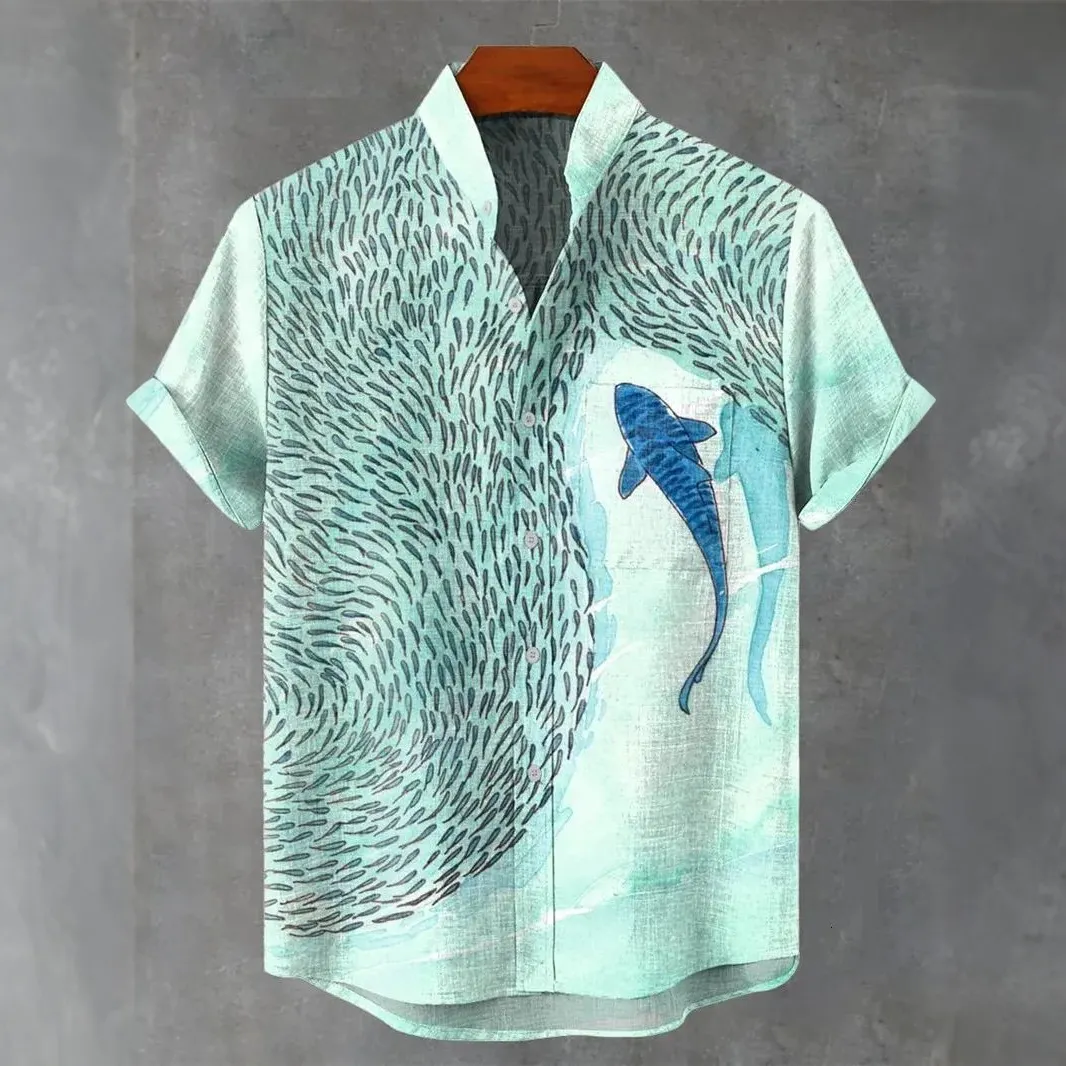 Men's Retro Art Fish Print Cotton Linen Short-sleeve Shirt  artssus