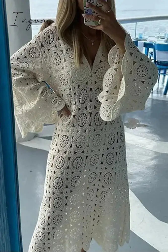 Sexy Solid Embroidered V Neck One Step Skirt Dresses Cream White / S Dresses/Long Sleeve