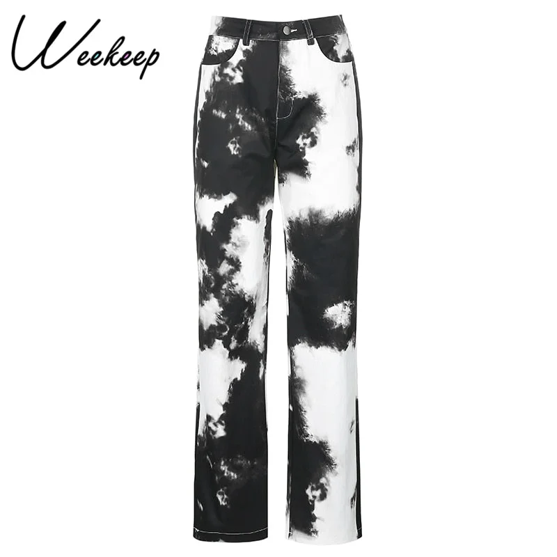 Weekeep Tie Dye Print Fashion High Waist Cargo Pants Streetwear New Retro Straight Trousers Button Fly Women Capris Jogger Pants