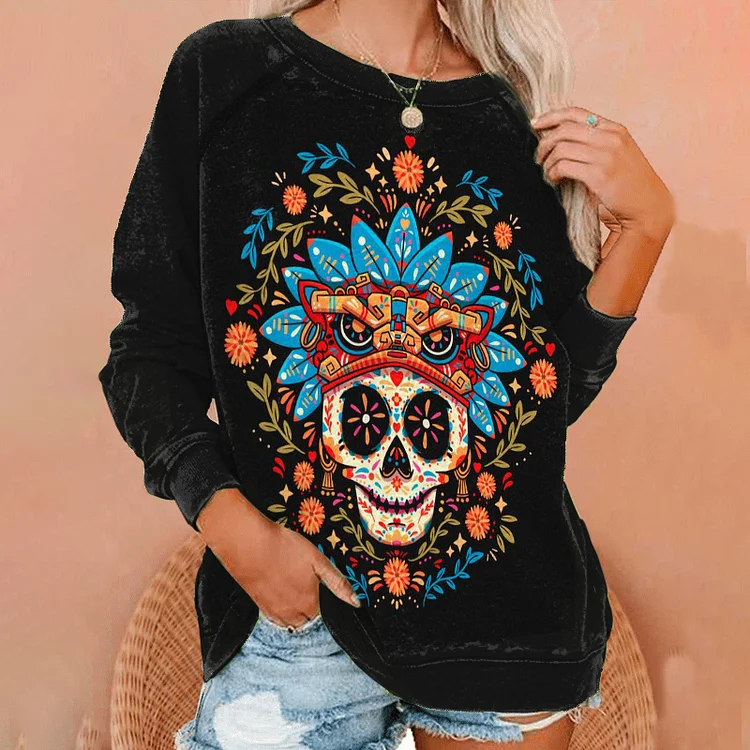 Vefave Casual Floral Skull Print Long Sleeve Sweatshirt