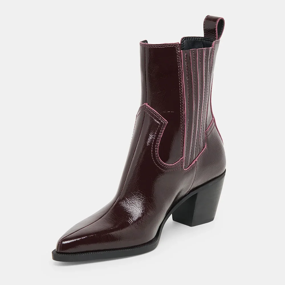 Maroon Mid Heeled Pointed Toe Slip On Chelsea Boots for Women